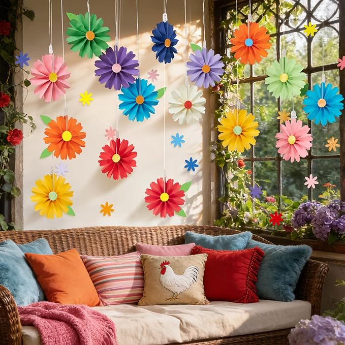 PAPER JAZZ 15pcs Colorful Paper Flower Fiesta Paper Fan Party Decorations, Mini Mexican Hanging Ornaments,Rainbow Paper Daisy with Small Flower for Spring Summer Easter Party