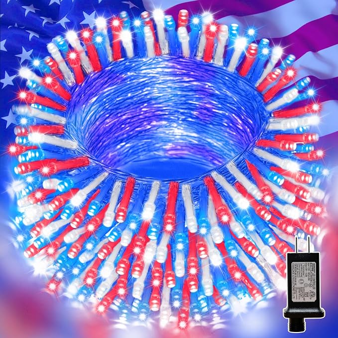 LAMPHOME 99ft 300LED Red White and Blue Patriotic String Lights, 16 Modes Red White Blue LED Lights Plug in, 4th of July Lights Outdoor for Independence Day Memorial Day Patriotic Window Decor