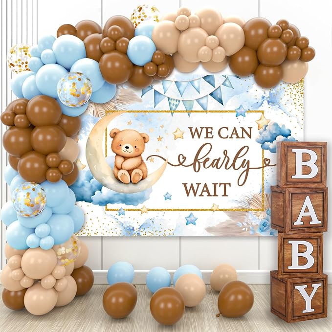 DataMoon We Can Bearly Wait Baby Shower Decorations - Baby Boxes with Letters,Boho Balloons,We Can Bearly Wait Backdrop for Teddy Bear Baby Shower,Birthday Supplies,Gender Reveal Party Supplies