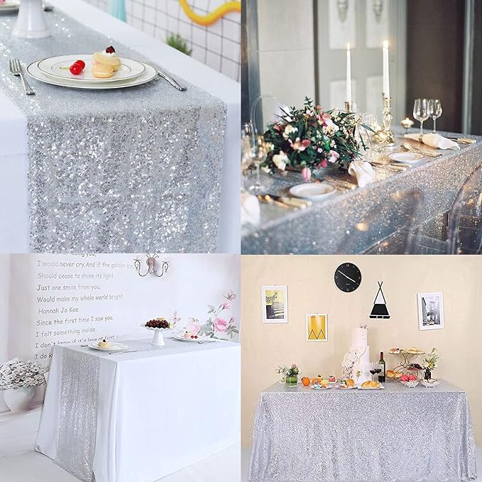 12 Packs 12 X 108 Inch Silver Sequin Table Runner Glitter Dining Table Runner for Birthday Wedding Engagement Bridal Baby Shower Bachelorette Holiday Celebration Party Supplies Decorations (Silver)