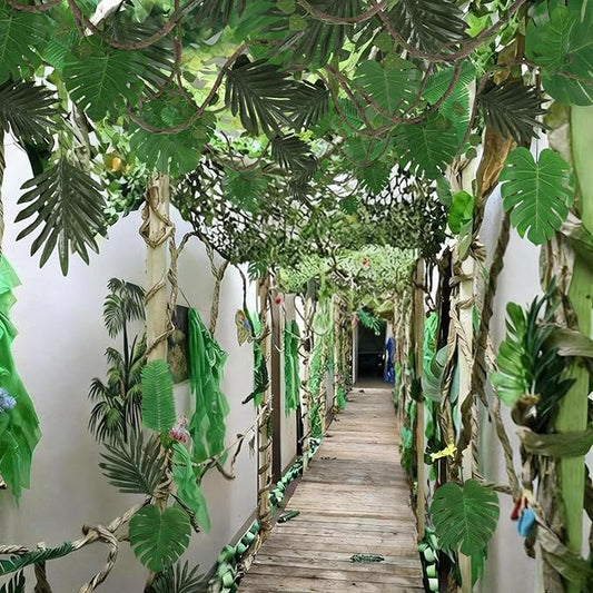 Bucherry 1 Set/23 Pcs Jungle Party Decoration 10 x 13 ft Netting with Tropical Rainforest Theme Leaves Artificial Greenery Garland Vine for Hawaiian Luau Rainforest Party Decoration Indoor Outdoor