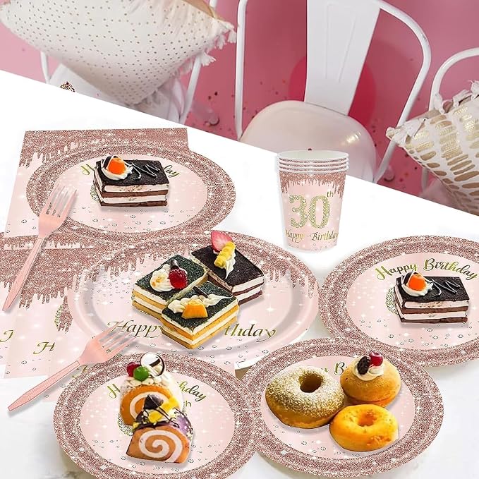 121Pcs 30th Birthday Party Supplies Plates Napkins Cups Forks Tablecloth Rose Gold Happy 30th Birthday Themed Disposable Tableware Decorations Serves 24 Guests for Women Her 30 Years