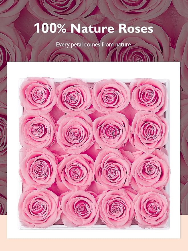 Eterfield Forever Flowers Preserved Roses Real Roses that Last Over a Year Rose Box Gifts for Her Mothers Day Valentines Day Christmas (Square White Box, 16 Pink Roses)