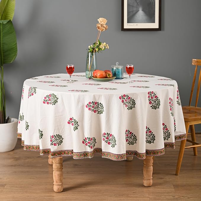 Hand Block Printed Tablecloth – Colorful Floral Print | 100% Cotton | Indian Artisan Handmade Art | Dining Room, Kitchen, Outdoor Décor, (Soft Petal Glow, 4 Seater 60 Inches Round)