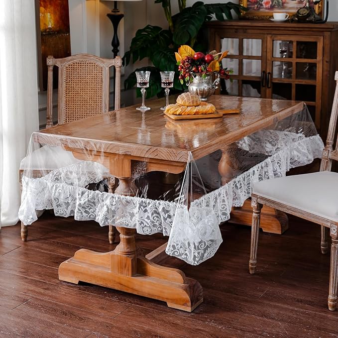 ARTABLE Vinyl PVC Rectangle Tablecloth Waterproof Clear Table Cover with Champagne Lace Macrame Border for Wedding Kitchen Home Outdoor Indoor Holidays Party Decor (Offwhite-2, 60 x 84 Inch)