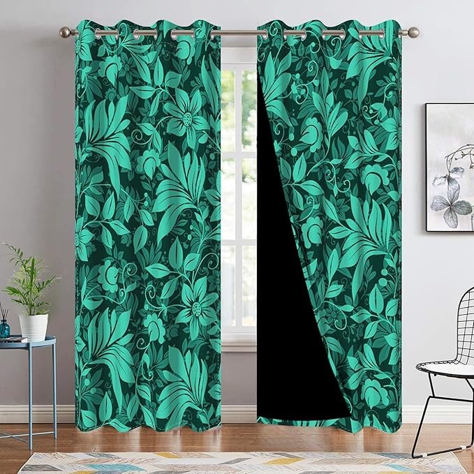 Spring Green Leaves Window Curtains Mysterious Green Flowers Plants Blackout Window Drapes Spring Scenery Window Treatment Sets Bedroom Living Room Light Blocking Decor,26x45 inch,2 Panels