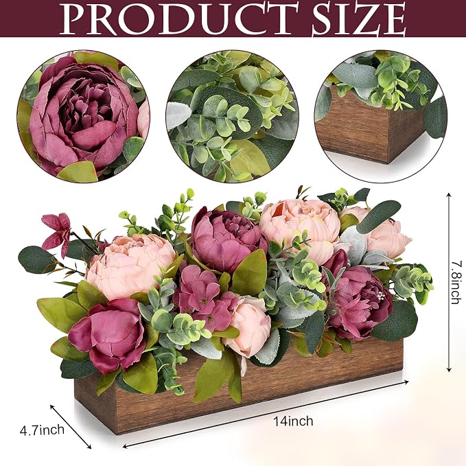 Pre-Made Flower Table Centerpieces for Dining Room Wedding Artificial Peony Table Decorations Wood Tray with Fake Flowers for Living Room Party Bar Kitchen Table(Dusty Mauve & Blush Pink)