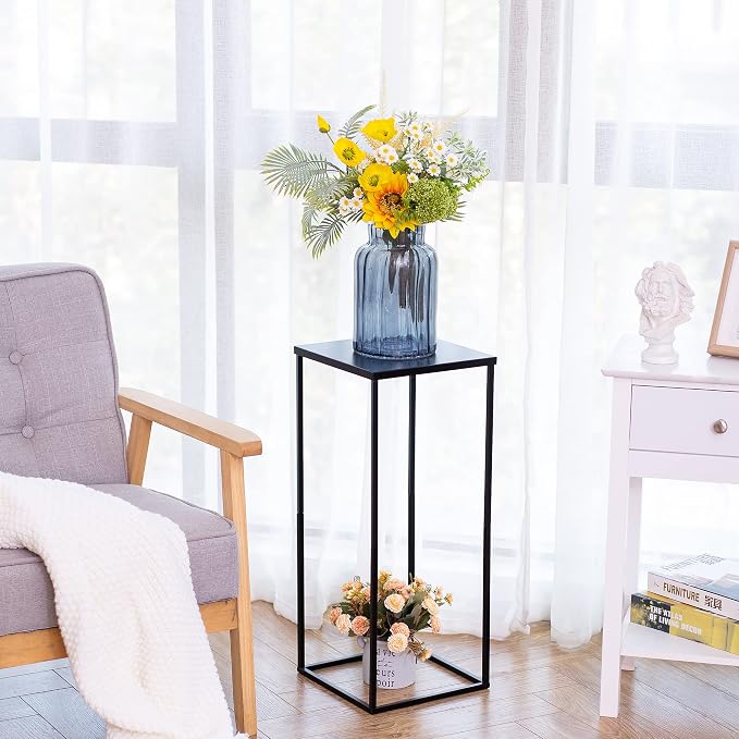 Black Tall Plant Stand: 23.6in, With Metal Panel, Packs of 2 | Columnar Cube Shape, Easy to Assembly, Flowers Cakes Drinks Display Table Centerpieces for Wedding Party Event