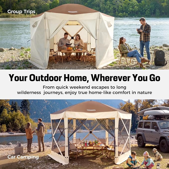 Tecoom 12x12ft 6-Sided Pop Up Gazebo Tent, Canopy Shelter Tent with Mesh Windows for Camping, Portable Large Shade Tents Removable Siedwalls for Outdoor, Garden, Lawn, and Backyard