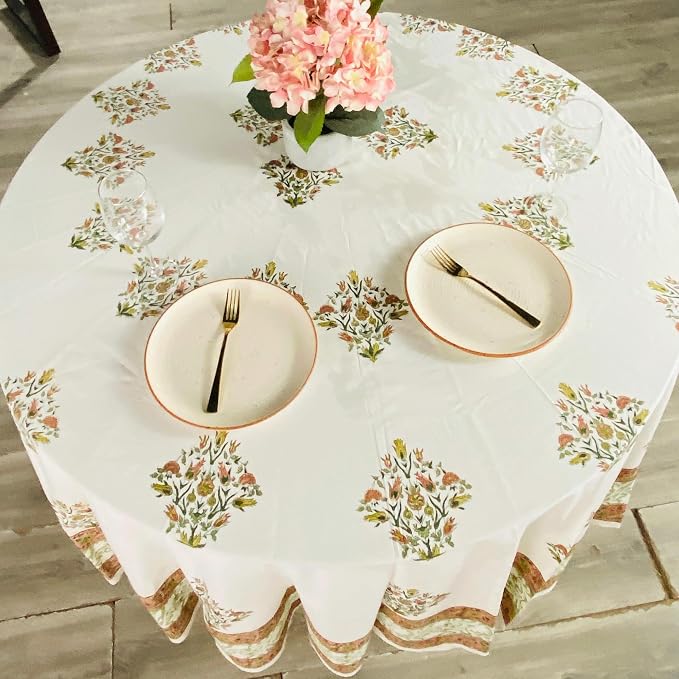 Ridhi Round Tablecloth Hand Block Print 100% Cotton Reusable Sage Green Salmon Pink 132 Inch Table Cover Decorative Everyday Use for Dining, Home, Party, Wedding, Farmhouse Gift Spring, Mother's Day