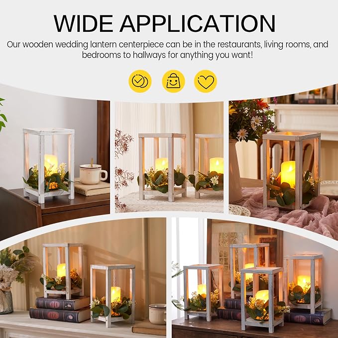 18 Pcs /6 Set Wooden Wedding Lantern Centerpiece-Wooden Candle Lantern Bulk Includes 6 Farmhouse Wooden Candle Holder 6 Flameless LED Candles 6 Eucalyptus Leaves Wreath for Decoration