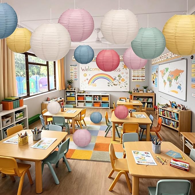 Retisee 12 Pcs 10 Inch Hanging Paper Lanterns Party Decorations Pastel Spring Classroom Decor for Birthday Back to School Party Decoration for Classrooms Wedding Birthday Ceilings