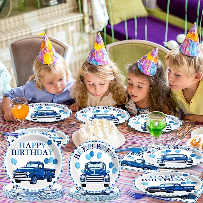 96 Pcs Blue Truck Party Decorations Blue Truck Happy Birthday Plates and Napkins Farm Car Theme Tableware Set Blue-White Themed Party Supplies for Kids Boys Birthday Baby Shower Serve 24