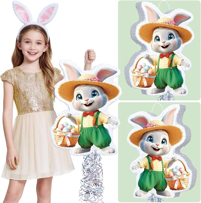 WERNNSAI Easter Bunny Piñata – Green Rabbit Piñata with Blindfold and Stick Spring Easter Egg Hunt Game Party Decorations Birthday Carnival Supplies