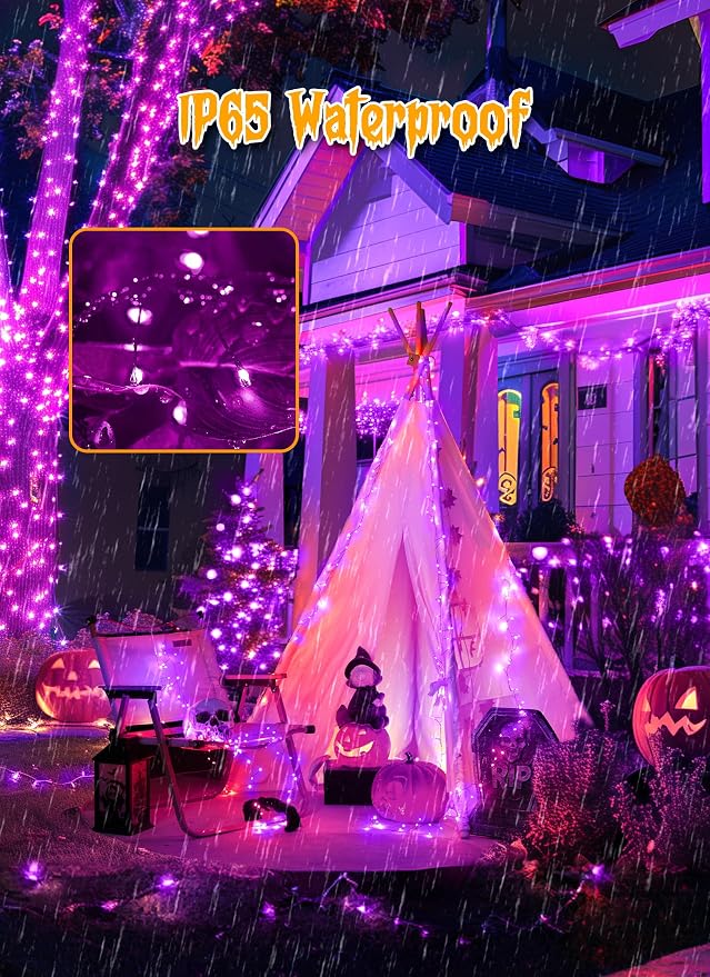 Halloween Solar String Lights Outdoor Waterproof, 19.6Ft 240 LED 8 Modes | Solar Fairy Lights Halloween Lights Outdoor, Waterproof Twinkle Firecracker Light for Patio Yard Trees, Purple