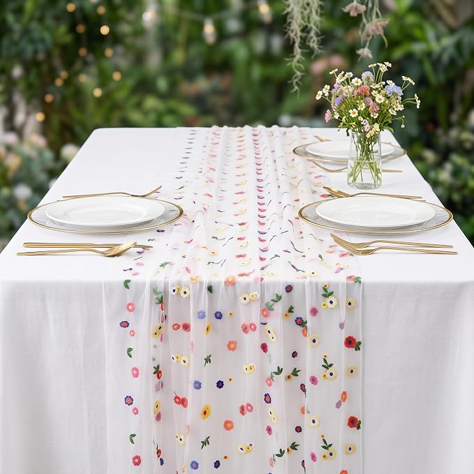 Floral Table Runner 30 x 120 Inch, 1 Pack Ivory White Embroidered Daisy Sheer Tulle Gauze Table Runner for Wedding, Birthday Tea Party, Home Dining Decor