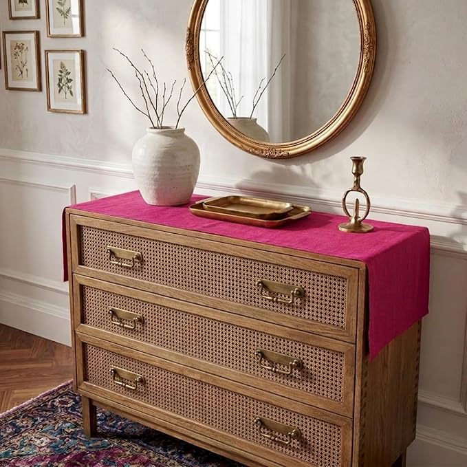Solino Home Linen Table Runner 48 Inches - 100% Pure Linen Festive Fuchsia Table Runner 14 x 48 Inch Ideal for Dresser and Coffee Tables, Mothers Day, Spring, Summer - Diana Medium Weight