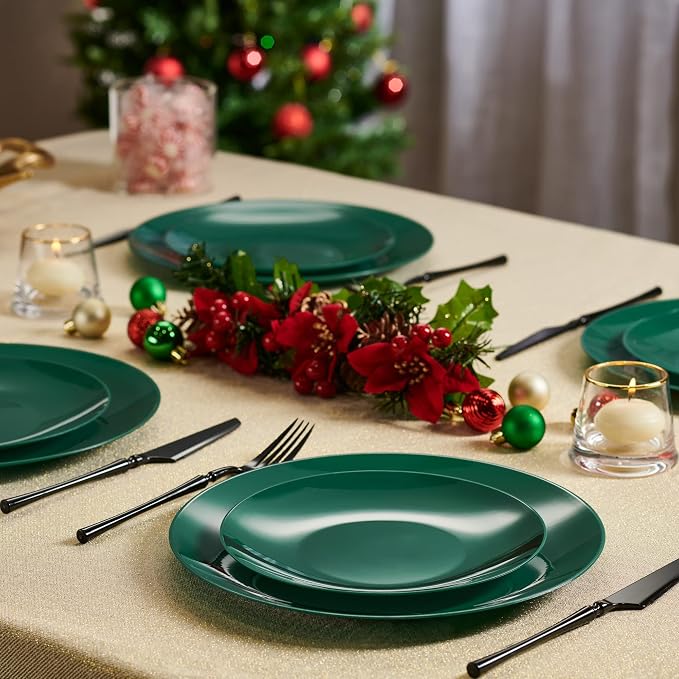 PLASTICPRO 64 Piece Combo Plates Christmass Set includes 32-7'' inch Plates & 32-10'' inch Plates Green Plastic Party Plates Christmass theme heavyweight Elegant, Disposable, Tableware, Dishes,
