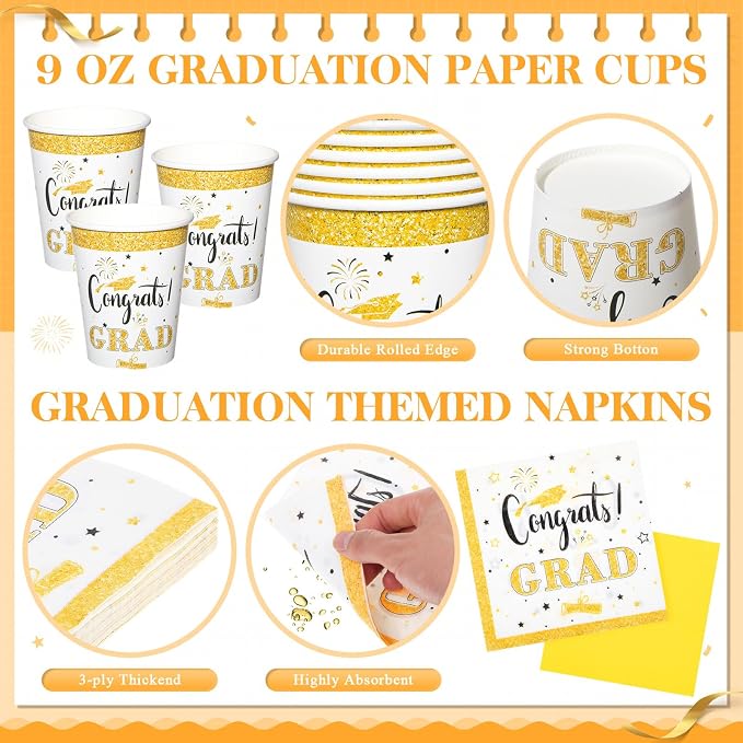 Domensi 400 Pcs 2026 Graduation Decorations Plates and Napkins and Cups Set Serve 50, White and Gold Graduation Party Supplies, Class of 2026 Paper Tableware 9oz Cup Knife Fork Spoon Congrats Grad
