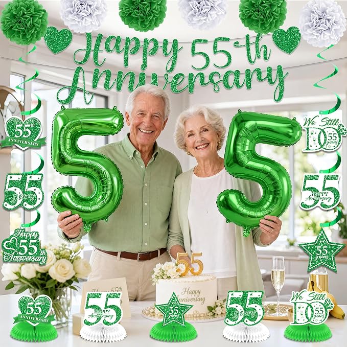 55th Wedding Anniversary Decorations Kit Green Happy 55th Anniversary Banner Backdrop Table Honeycomb Centerpiece Hanging Swirls Poms Decor for Men Women 55 Years Emerald Anniversaries Party Supplies