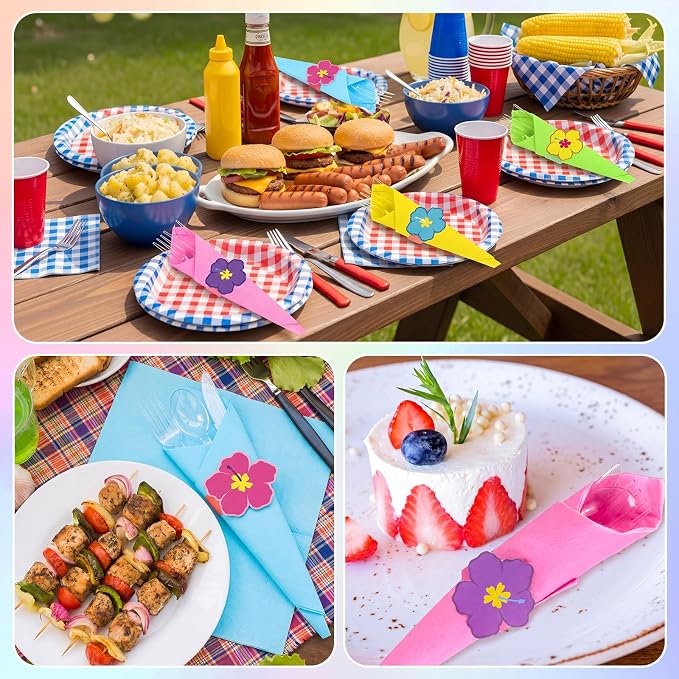 200 Pcs Pre Rolled Summer Floral Napkin Cutlery Set Disposable Colorful Plastic Cutlery Set with Knives Forks Spoons Napkins Napkin Rings for Summer Hawaiian Luau Floral Hibiscus Party Supplies