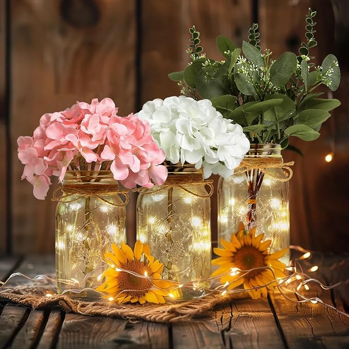 Set of 3 Mason Jar Lights, Plant Decorative Jars Vase Holiday Table Decor | Farmhouse Table Centerpiece for Home Wedding Event Party Decor