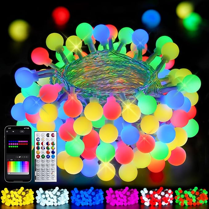 46ft 100LED Smart Color Changing Globe String Lights Indoor APP Control | Fairy Lights Plug in with Remote, Music Syn, Clear Wire Twinkle Light for Bedroom, Multicolor & Modes, Waterproof, Room Decor