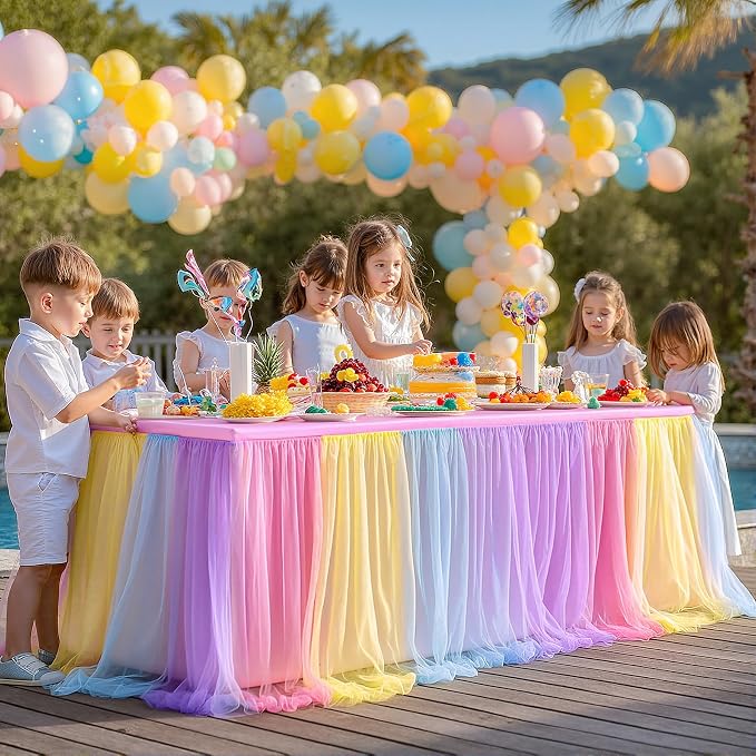 6 Pack Rainbow Tablecloths with Tulle Table Skirt for 6 Foot Rectangle Tables, Party Ruffle Tutu Table Skirt Stretch Fitted Covers for Wedding Reception Birthday Baby Shower Celebration Banquet Event