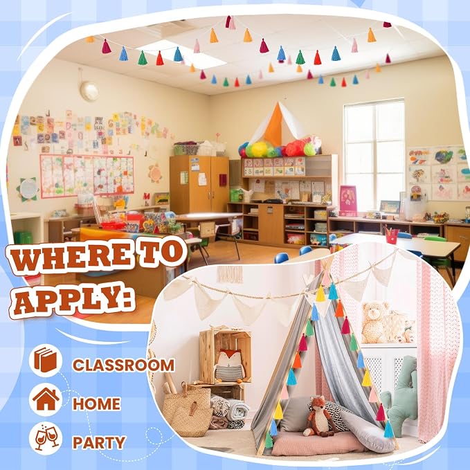 WILLBOND 4 Pcs Rainbow Tassel Garland Party Decorations, Colorful Boho Wall Hanging Banner for Classroom Decor, Back to School Birthday Wedding Baby Shower Nursery Home(Multicolor,3.15 Inch)