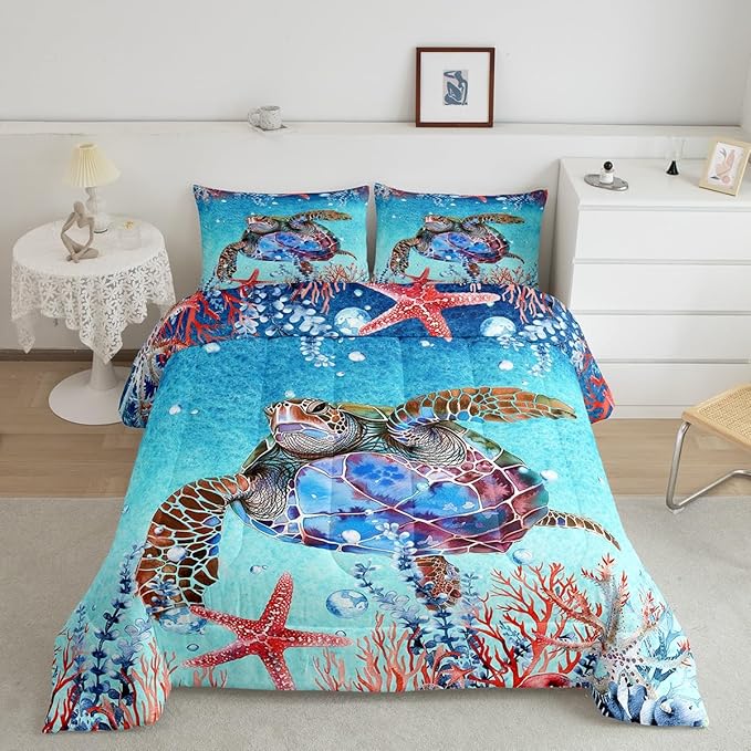 Feelyou Sea Turtle Comforter Set Twin Size Kids Starfish Comforter for Boys Girls Teens Ocean Themed Bedding Set Sea Underwater World Duvet Set Marine Life Sealife Quilt