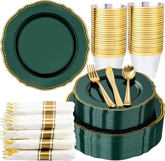 Hioasis 175pcs Green Gold Plastic Plates - Gold Plastic Dinnerware Set Includes 25 Dinner Plates, 25 Dessert Plates, 25 Gold Utensils, 25 Napkins Perfect for Wedding