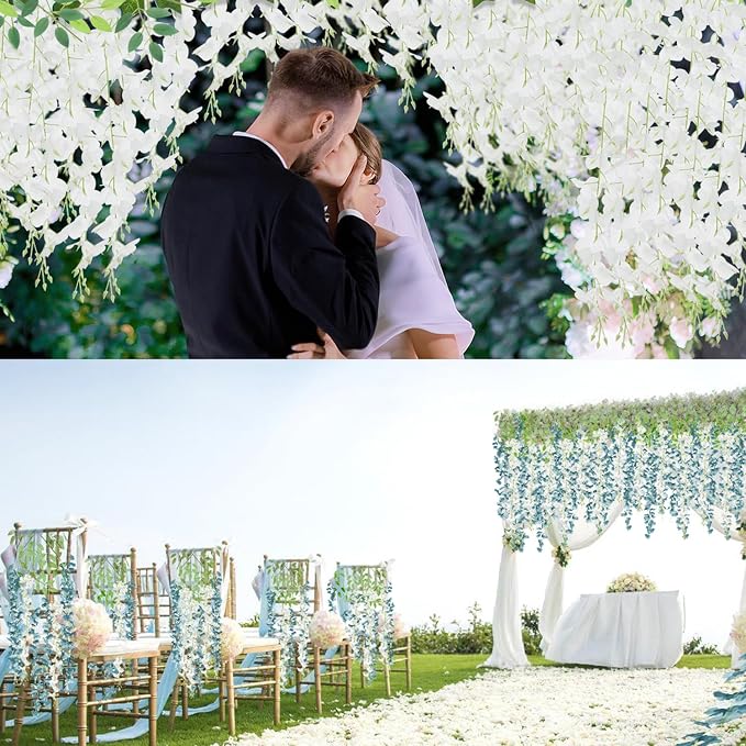 LELEE 25 Pcs Artificial Wisteria Hanging Flowers 3.6ft White Fake Hanging Flowers Garland Silk Flowers Rattan String Faux Wisteria Vine for Wall Home Wedding Party Arch Greenery Backdrop Decor