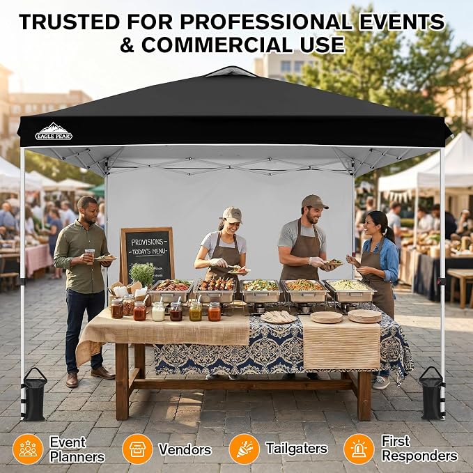 EAGLE PEAK Commercial Canopy 10x10 Pop Up Canopy Tent with 1 Sidewall, Easy Setup Heavy Duty Instant Event Shelter for Vendors & Markets, Outdoor Sun Shade, Black