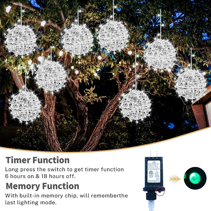 Outdoor Christmas Balls Lights 4 Pack Hanging 7.1" LED Garden Sphere Tree Lights 8 Modes Waterproof Glow Globe Light with Memory Timer Plug for Yard Porch Eave Patio Home Bedroom Decoration-Cool White