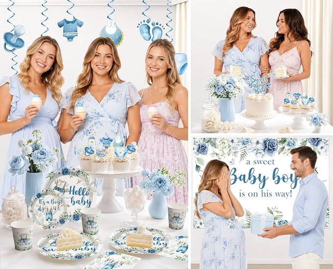 cocomigo 222Pcs Baby Boy Shower Decorations, All-in-One Blue Baby Shower Party Supplies Includes Banner, Backdrop, Cake Topper, Paper Plates and Napkins, Easy Setup Baby Shower Boy Decor, Serves 25