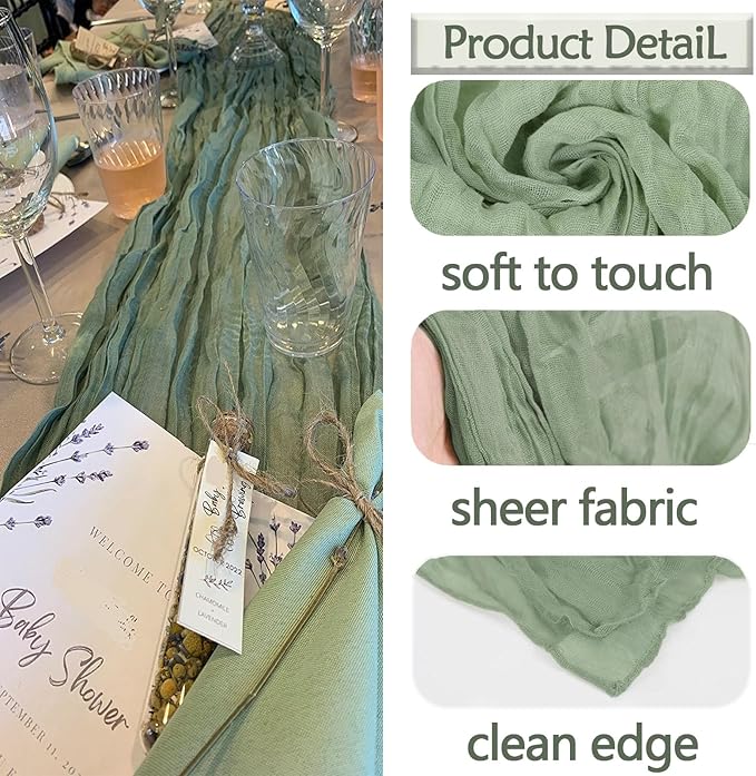 6 Pack Sage Green Cheesecloth Table Runner 20 x 120 inch Gauze Table Runners 10 FT Long,Semi Sheer Boho Cheese Cloth Fabric Table Runner Bulk for Wedding,Party,Baby Shower,Bridal Shower Decoration