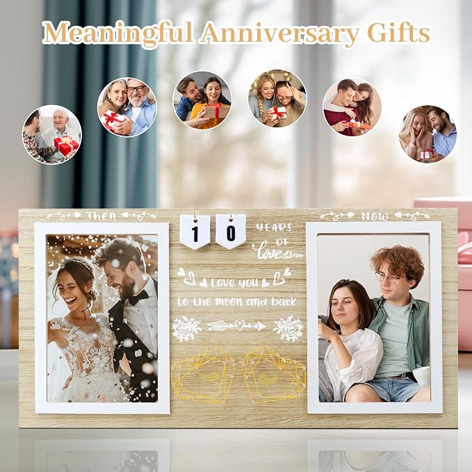 Then & Now Anniversary Picture Frame – Anniversary Wedding Gift for Couple & Parents, 1–99 Years Double 4x6 Picture Frame with Number Cards & Greeting Card (Natural Wood Color)