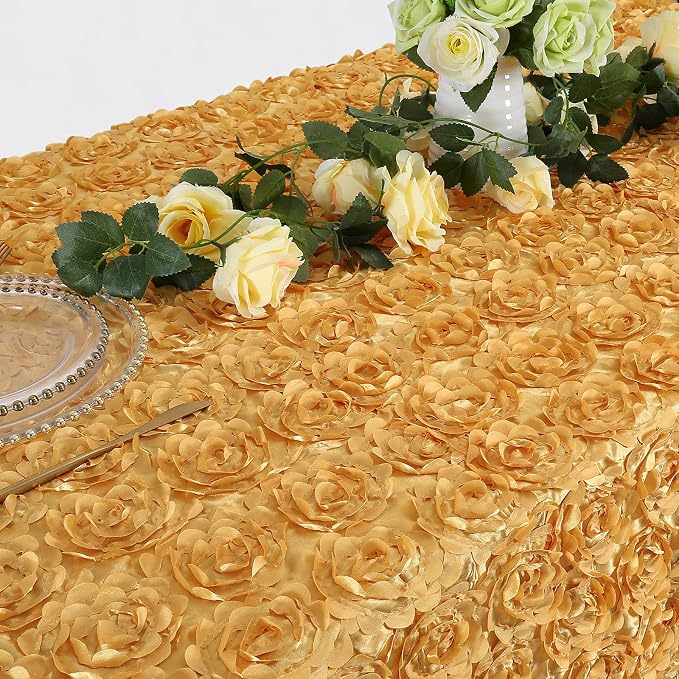 Fanqisi 3D Floral Satin Rectangular Tablecloth 90x132 Inches Gold Rosette Tablecloths for Wedding Party Baby Shower Dinner Table Top Decorations
