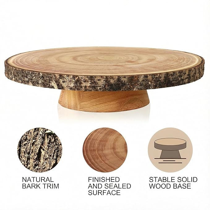 Relaxing Garden Customizable 12 Inch Rustic Wood Cake Stand Set with Bark Edge, Cake Knife & Server + Blank Wood Slice Topper — Cake Display for Weddings, Birthdays, Showers & Holiday Celebrations