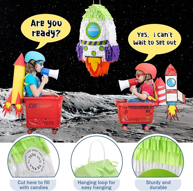 Libima Rocket Ship Piñata with Stick Blindfold Bat Confetti Spaceship Space Shuttle Piñata for Outer Rocket Space Astronaut Theme Birthday Party Supplies Decoration