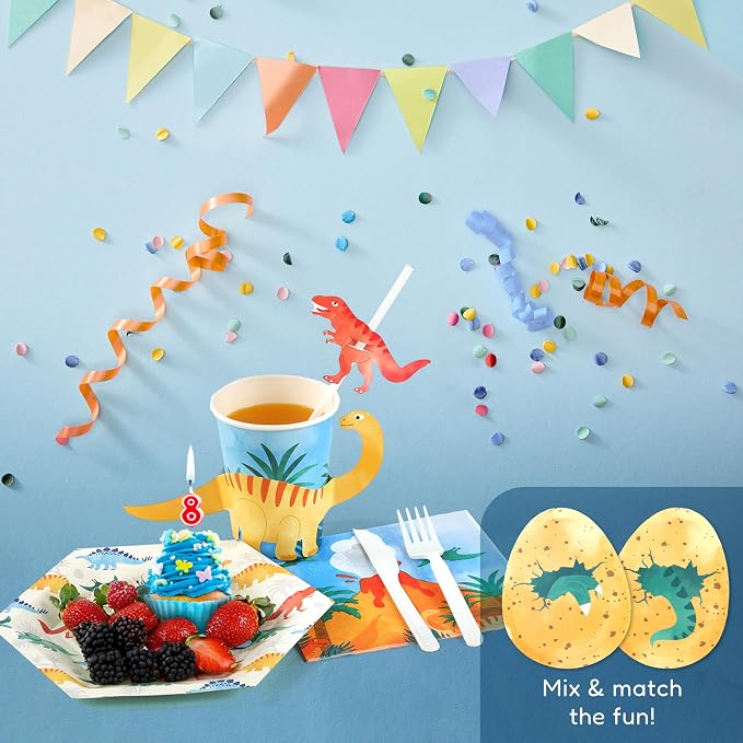 YESBOX Dinosaur Birthday Decorations Set with Dinosaur Paper Plates, Napkins, Cups, Cup Sleeves,Straw Toppers and PLA Cutlery for 20 Guests -Total 201pieces, Unique Gift for Kids