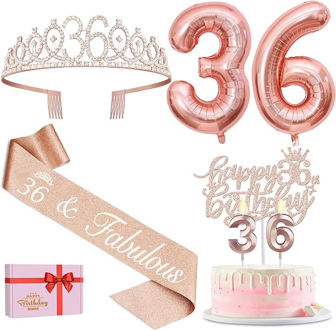 36th Birthday Decorations for Women, Including 36th Birthday Sash and Tiara, Cake Topper and Candles, Number Balloons, 36 Year Old Gifts for Women
