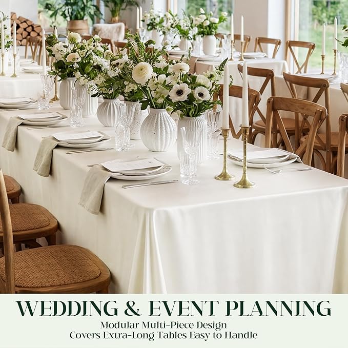 8 Pack Ivory Satin Tablecloth 58 x 102 Inches, Rectangular Satin Table Cloths for Wedding Reception, Birthday Party, Graduation & Holiday Banquet Tables