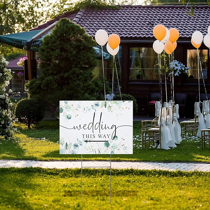 3 Pack 14.5” x 10.5” Wedding This Way Signs Double Sided Printed Wedding Direction Sign with Stakes for Ceremony Reception Lawn Yard Direction Arrow Signs Exquisite Plastic Rainproof Party Supplies,Green Leaf