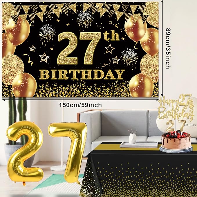27th Birthday Decorations Men Women with 27th Birthday Banner, Black and Gold Table Cloth, Number Balloons, Large Sash, Cake Topper and Candles