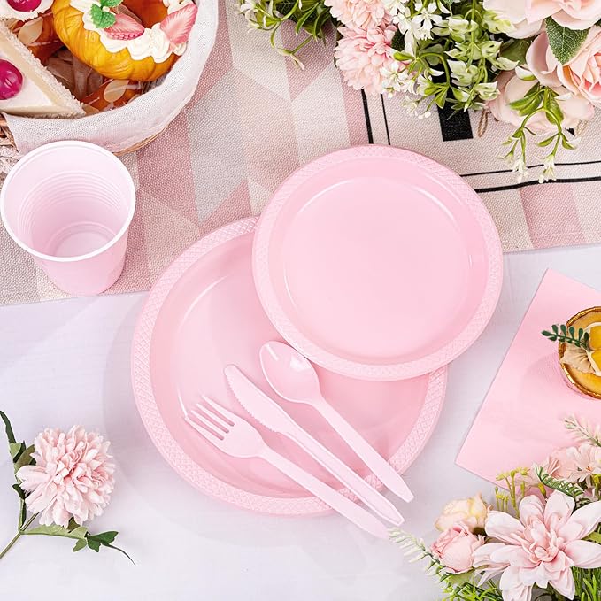 WELLIFE 210 PCS Pink Plastic Plates for 30 Guests - Disposable Dinnerware Set Including Dinner Plates, Dessert Plates, 12oz Cups, Cutlery & Napkins, Pink Party Plates