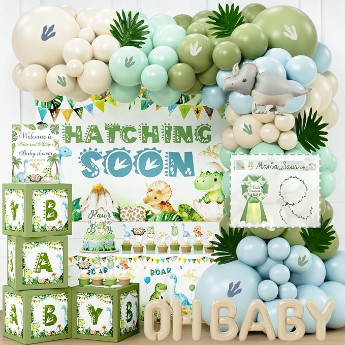 Hombae Dinosaur Baby Shower Decorations, Hatching Soon Baby Shower Supplies with Backdrop, Balloon Garland, Boxes, Mama Saurus Sash for Boys Dino Theme Party