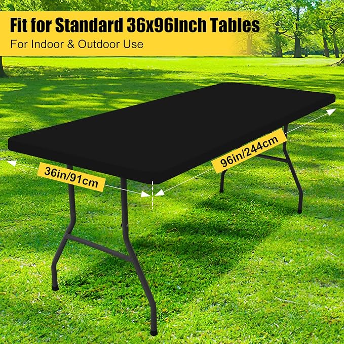 Smiry 4 Pack Rectangle Picnic Table Cloth, Waterproof Elastic Fitted Tablecloths, Washable Polyester Rectangular Patio Table Cover for Camping, Indoor and Outdoor (Black, 36"x96")