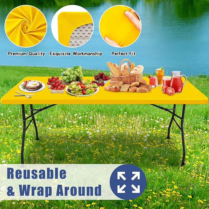 Moosfor Spandex 5 Foot Rectangle Table Cloth 4 Pack, Elastic Fitted Tablecloths for Picnic, Stretch Washable Patio Table Cover for Outdoor, Camping, Banquet and Parties (Yellow, 30"x60")