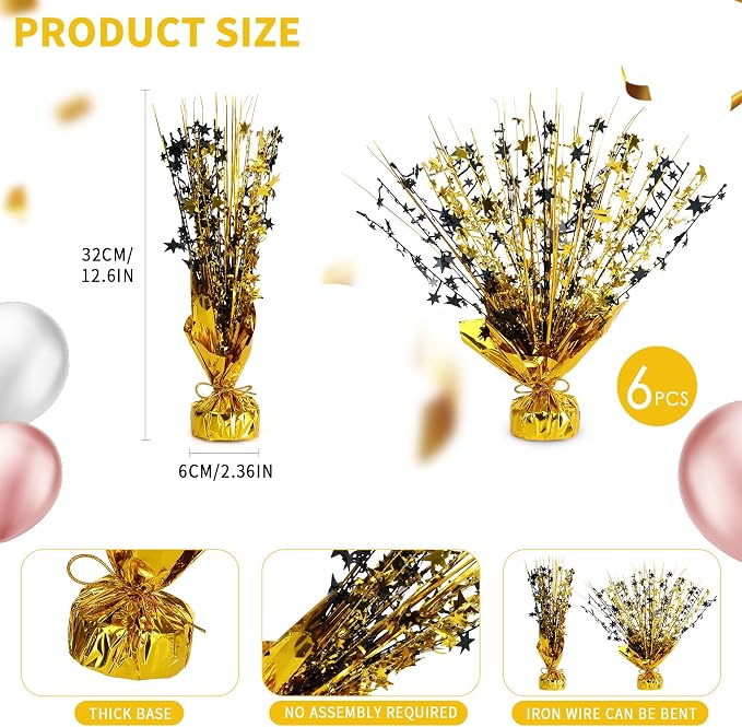 12 Pack Metallic Foil Spary Centerpieces for Tables, Black Gold Centerpieces for Tables Decorations, Star Brust Table Centerpieces for Birthday Graduation Wedding Baby Shower Party
